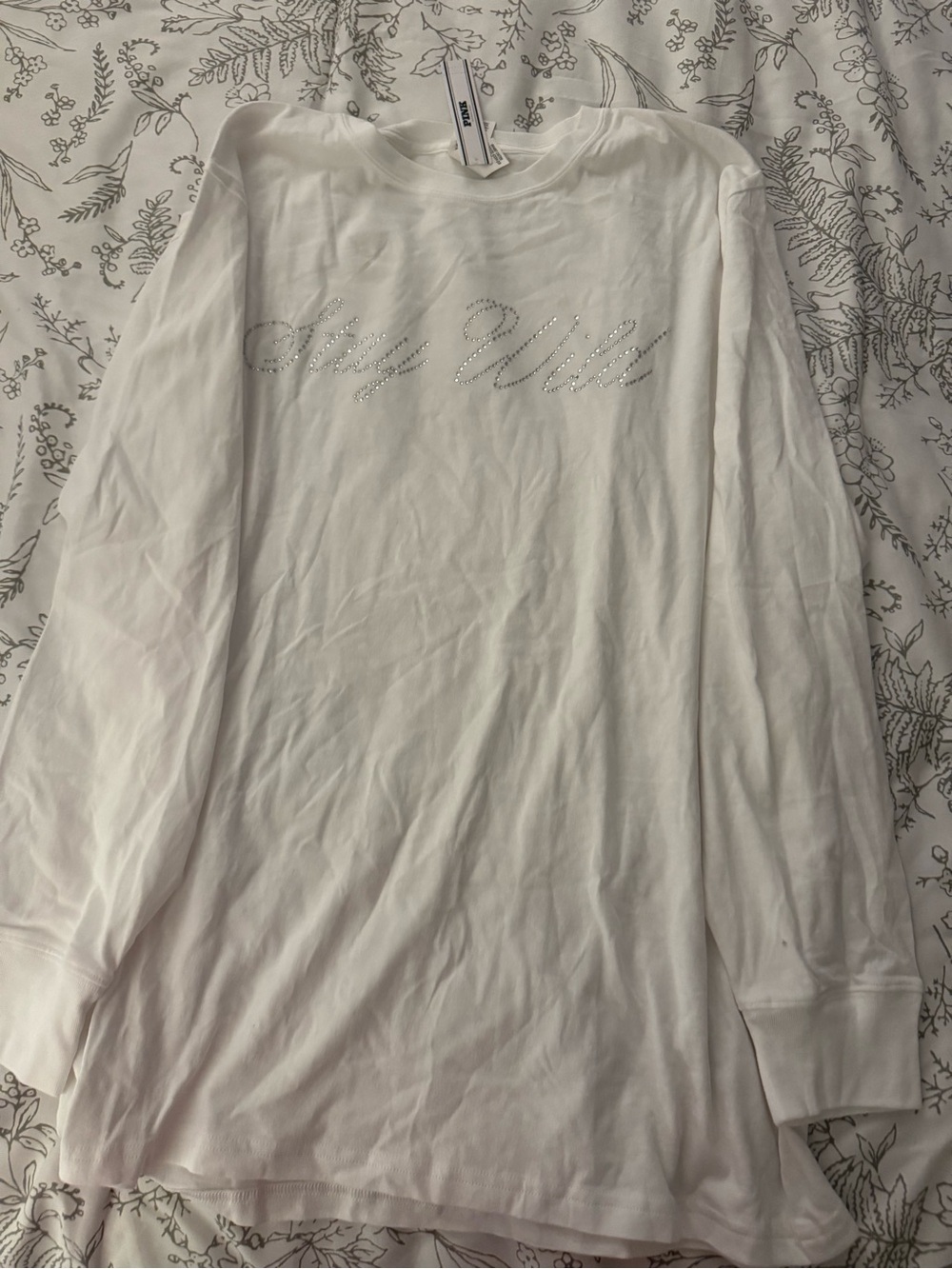 PINK Victoria's Secret White Long-Sleeve Tee with Rhinestone Script Logo